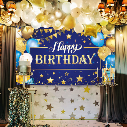 KatchOn, XtraLarge Gold and Blue Happy Birthday Banner - 72x44 Inch | Blue and Gold Birthday Backdrop for Happy Birthday Decorations | Party Decorations for Men and Women