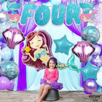 KatchOn, Big Mermaid 4th Birthday Decorations Set - Pack of 8 | Mermaid Birthday Decorations 4 Year Old Girl | Mermaid Balloons 4, 4 Year Old Birthday Decorations | 4th Birthday Decorations Girl