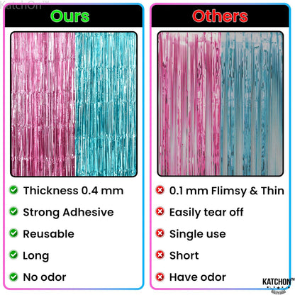 KatchOn, Large Pink and Blue Foil Fringe - 3.25x8 Feet, Pack of 2 | Girl or Boy Gender Reveal Decorations | Gender Reveal Backdrop | Gender Reveal Party Favors | Boy or Girl Backdrop
