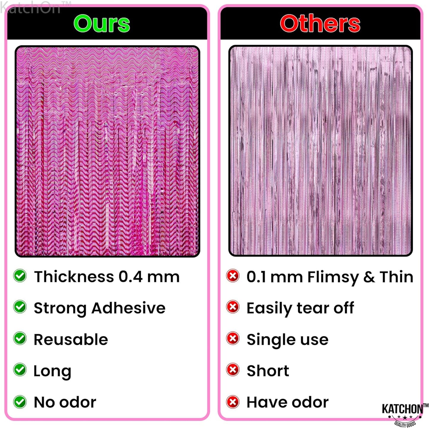 KatchOn, Laser Pink Backdrop Curtain - Large, 8x3.2 Feet, Pack of 2 | Laser Pink Streamers for Pink Party Decorations | Pink Fringe Backdrop | Pink Tinsel Backdrop for Hot Pink Birthday Decorations