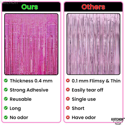 KatchOn, Laser Pink Backdrop Curtain - Large, 8x3.2 Feet, Pack of 2 | Laser Pink Streamers for Pink Party Decorations | Pink Fringe Backdrop | Pink Tinsel Backdrop for Hot Pink Birthday Decorations