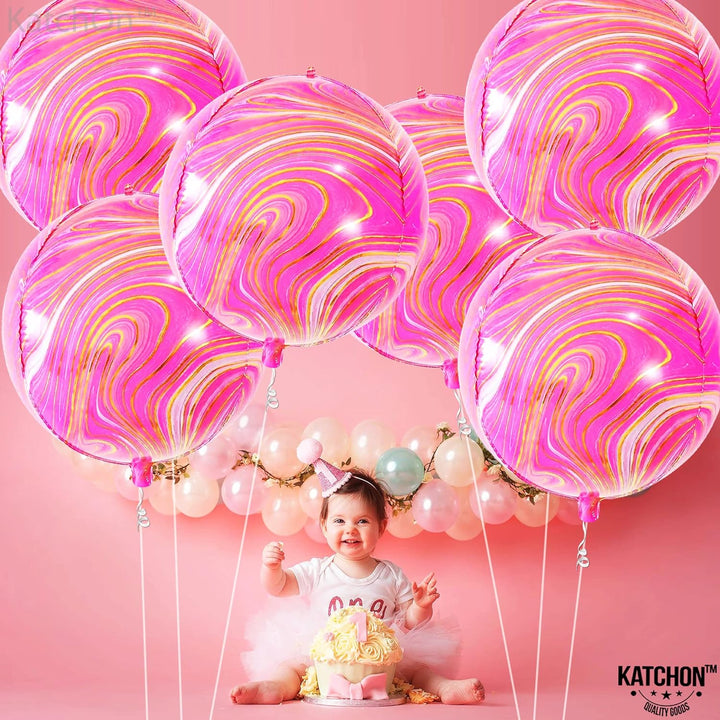 KatchOn, Big 22 Inch Pink Marble Balloons - Pack of 6 | Pink and Orange Balloons, Pink and Orange Party Decorations | Agate Pink Mylar Balloons, Hot Pink Party Decorations | Gender Reveal Decorations