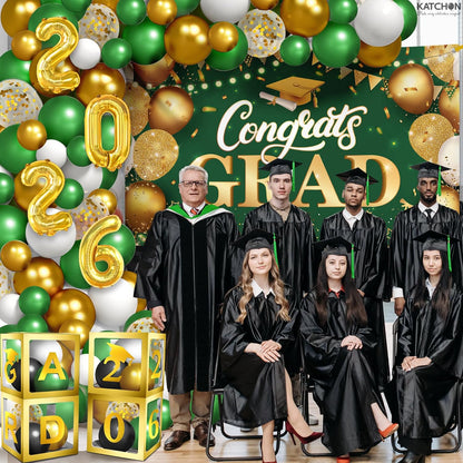 Graduation Decorations 2026 | Green and Gold - Pack of 76 | Congrats Grad Banner | Green Graduation Banner and Grad Balloon Boxes | Graduation Balloon Arch Kit 2026 Graduation Decorations, KatchOn