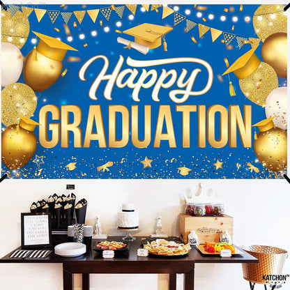 Katchon, Happy Graduation Banner Gold and Blue - Xtralarge, 72x44 Inch | Graduation Backdrop 2026, Graduation Decorations Class of 2026 | Congratulations Banner for 2026 Graduation Party Decorations