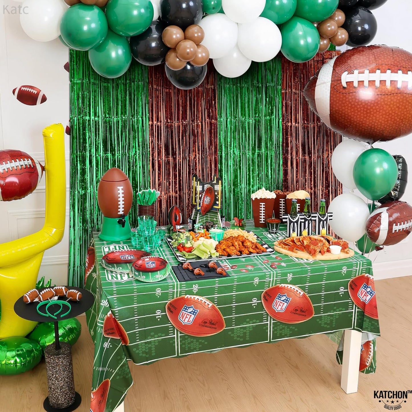 KatchOn, XtraLarge 13x8 Feet Green and Brown Football Backdrop - Pack of 4 Football Fringe Curtain | Football Streamers, Football Party Backdrop | Super Football Bowl Sunday Football Party Decorations