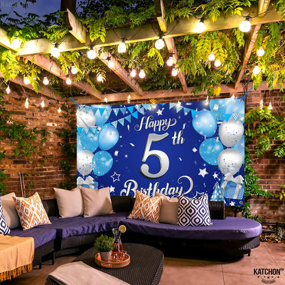 KatchOn, Happy 5th Birthday Banner - XtraLarge, 72x44 Inch | Blue 5th Birthday Party Decorations | 5th Birthday Decorations | Blue and Silver Toddler Birthday Decorations for 5 Birthday Decorations