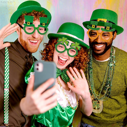 KatchOn, Glitter St Patricks Day Glasses - Pack of 6 | St Patricks Day Photo Booth Props for St Patricks Day Decorations | Saint Patricks Day Glasses for St Patricks Day Decor | Shamrock Glasses