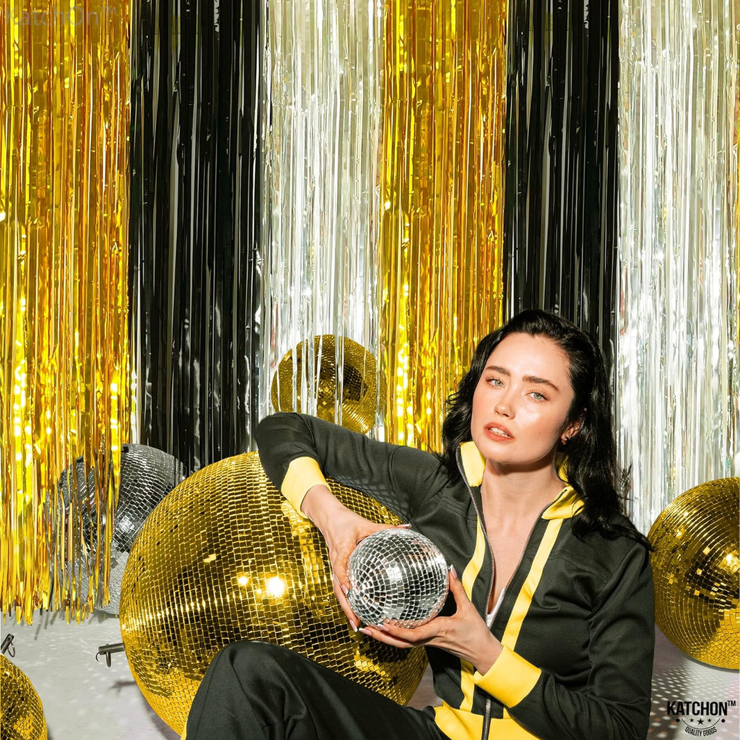 KatchOn, XtraLarge Silver Black and Gold Backdrop - 8x3.2 Feet, Pack of 2 | Black Gold and Silver Party Decorations |Graduation Decorations, The Notorious One Birthday Decorations for Boys