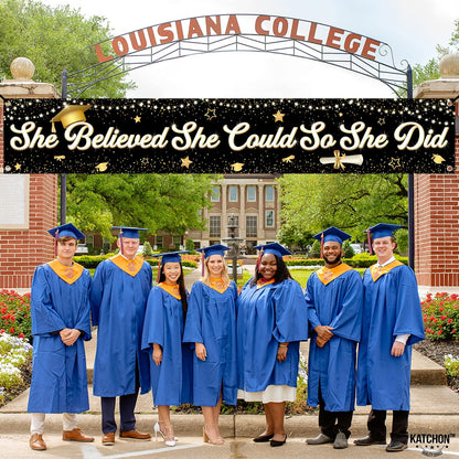 KatchOn, Graduation Decorations 2026 | XtraLarge She Believed She Could So She Did Banner - 120x20 Inch | Black and Gold Graduation Yard Banner for Outdoor Grad Decorations 2026