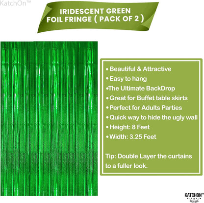 KatchOn Iridescent Green Streamer Backdrop - 6.4x8 Feet, Pack of 2 | Green Birthday Decorations | Green Backdrop, Jungle Party Decorations | Green Door Streamers for Green Streamers Party Decorations