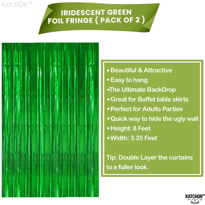 KatchOn, XtraLarge Iridescent Green Streamers Party Decorations - 3.2x8 Feet, Pack of 2 | Fringe Backdrop for Jungle or Dinosaur Birthday | Green Party Decorations | Graduation Decorations 2025