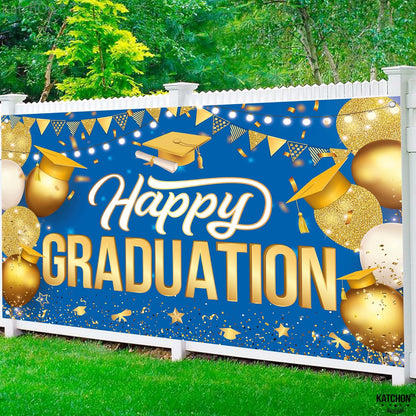 Katchon, Happy Graduation Banner Gold and Blue - Xtralarge, 72x44 Inch | Graduation Backdrop 2026, Graduation Decorations Class of 2026 | Congratulations Banner for 2026 Graduation Party Decorations