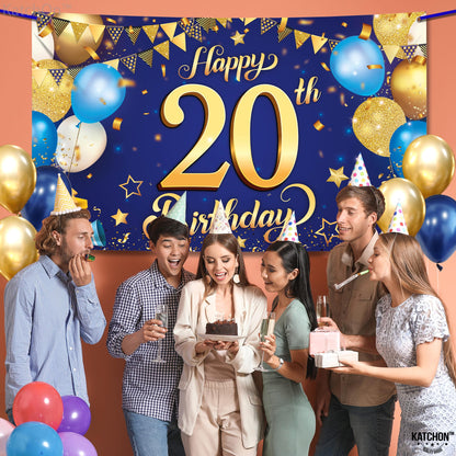 KatchOn, Blue and Gold 20th Happy Birthday Banner - 72x44 Inch | 20th Birthday Backdrop, 20th Birthday Decorations for Men | 20 Year Old Birthday Decorations | 20th Blue and Gold Birth day Decorations