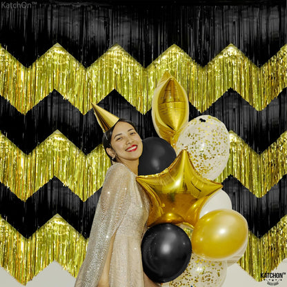KatchOn, XtraLarge Black and Gold Fringe Backdrop Curtain - 6.6x1.7 Feet, Pack of 6 | Graduation Party Supplies 2026, Graduation Decorations 2026 | Fringe Curtain for Birthday Decorations