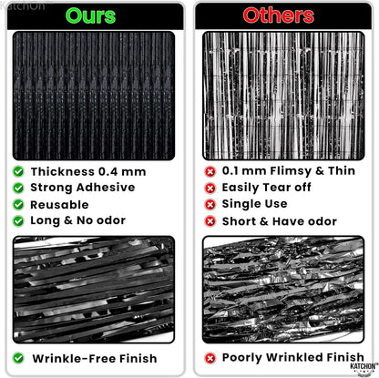 KatchOn XtraLarge Black Streamers - 3.2x8 Feet, Pack of 2 | Fringe Backdrop for Black Party Decorations | Tinsel Backdrop for Birthday, Bachelorette, Anniversary, | New Years, Halloween Decorations