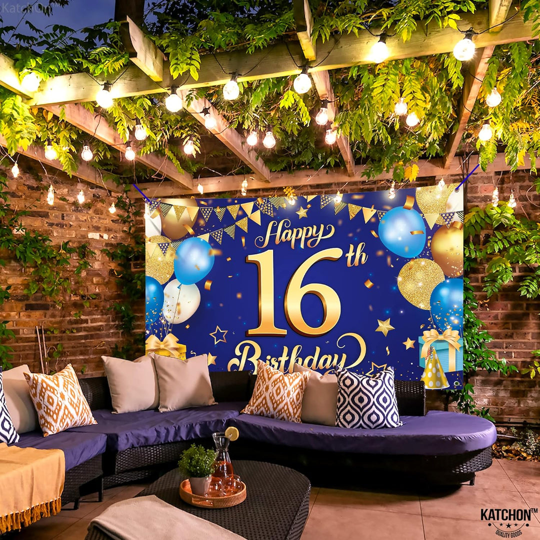 KatchOn, Blue and Gold Happy 16th Birthday Banner - XL, 72x44 Inch | Blue 16th Birthday Backdrop, 16th Birthday Party Supplies, 16 Year Old Boy Birthday Decorations, 16th Birthday Decorations for Boys