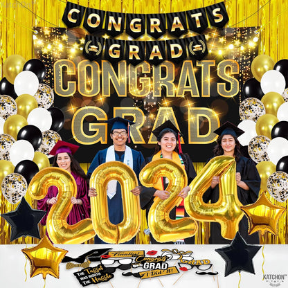 KatchOn, Black and Gold Graduation Decorations Class of 2024 - Huge, Pack of 65 | Congrats Grad Banner, Gold Foil Fringe Curtain | Gold 2024 Graduation Balloons for Graduation Party Decorations 2024