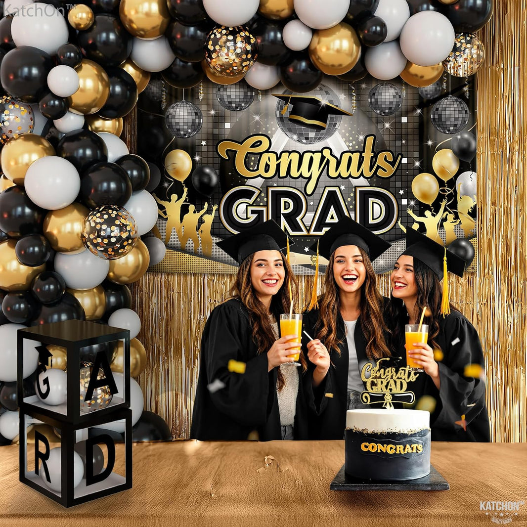 KatchOn, Black and Gold Decorations Class of 2026, Huge, Pack of 77, Disco Congrats Grad Banner, Foil Fringe, Balloon Boxes, Balloon Arch, Party Supplies, 2026 Graduation Decorations, Grad party Decor
