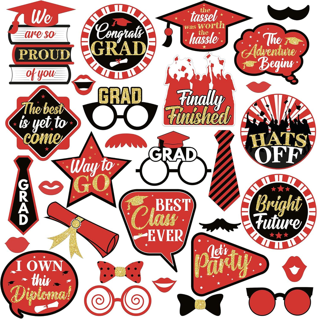 KatchOn, Graduation Photo Booth Props 2026 - Glitter, Pack of 30 | Red and Black Graduation Photo Props | Graduation Props for Red and Black Graduation Decorations 2026, Congrats Grad Decorations