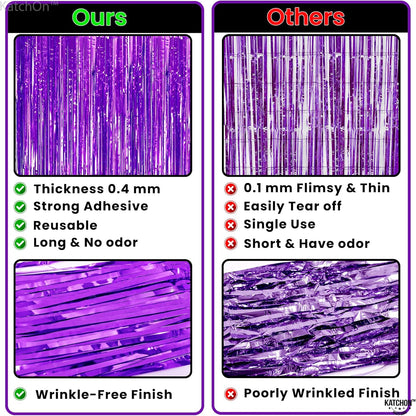 KatchOn, Xtralarge Metallic Foil Purple Streamers - 3.2x8 Ft. Pack of 2 | Fringe Backdrop For Halloween Decorations Indoor | Purple Baby Shower, Birthday Decoration | Unicorn, Mermaid Party Decoration