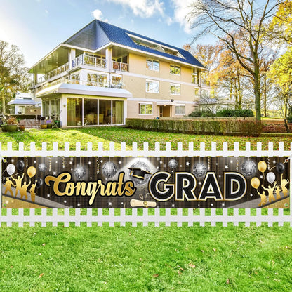 KatchOn, XtraLarge Congrats Grad Banner - 120x20 Inch | Disco Graduation Backdrop 2026, Black and Gold Graduation Decorations 2026 | Graduation Banner, Graduation Decorations Class of 2026