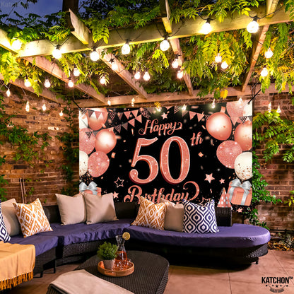 KatchOn, Rose Gold 50th Birthday Banner - XtraLarge 72x44 Inch | 50th Birthday Decorations For Women | Hbd Banner for Rose Gold Party Decorations