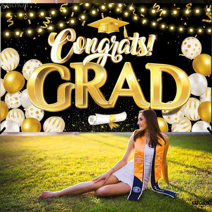 KatchOn, XtraLarge Congrats Grad Banner - 72x44 Inch, Graduation Banner | Congratulations Backdrop | Black and Gold Backdrop | Graduation Decorations 2026
