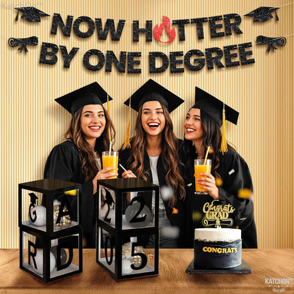 Katchon, Now Hotter By One Degree Banner - 10 Feet | Congrats Grad Banner | One Degree Hotter Decorations | Graduation Backdrop, 2026 Graduation Decorations | Glitter Black Graduation Banner