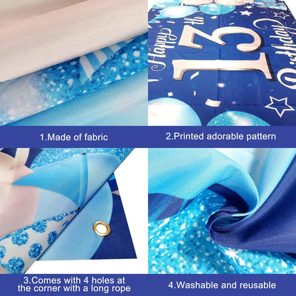 KatchOn, XtraLarge Blue Happy 13th Birthday Banner - 72x44 Inch | 13th Birthday Decorations for Boys and Girls | Blue and Silver 13 Birthday Backdrop | Happy 13th Birthday Decorations for Teenagers