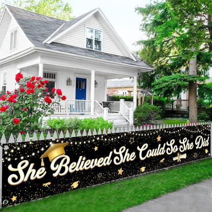 KatchOn, Graduation Decorations 2026 | XtraLarge She Believed She Could So She Did Banner - 120x20 Inch | Black and Gold Graduation Yard Banner for Outdoor Grad Decorations 2026