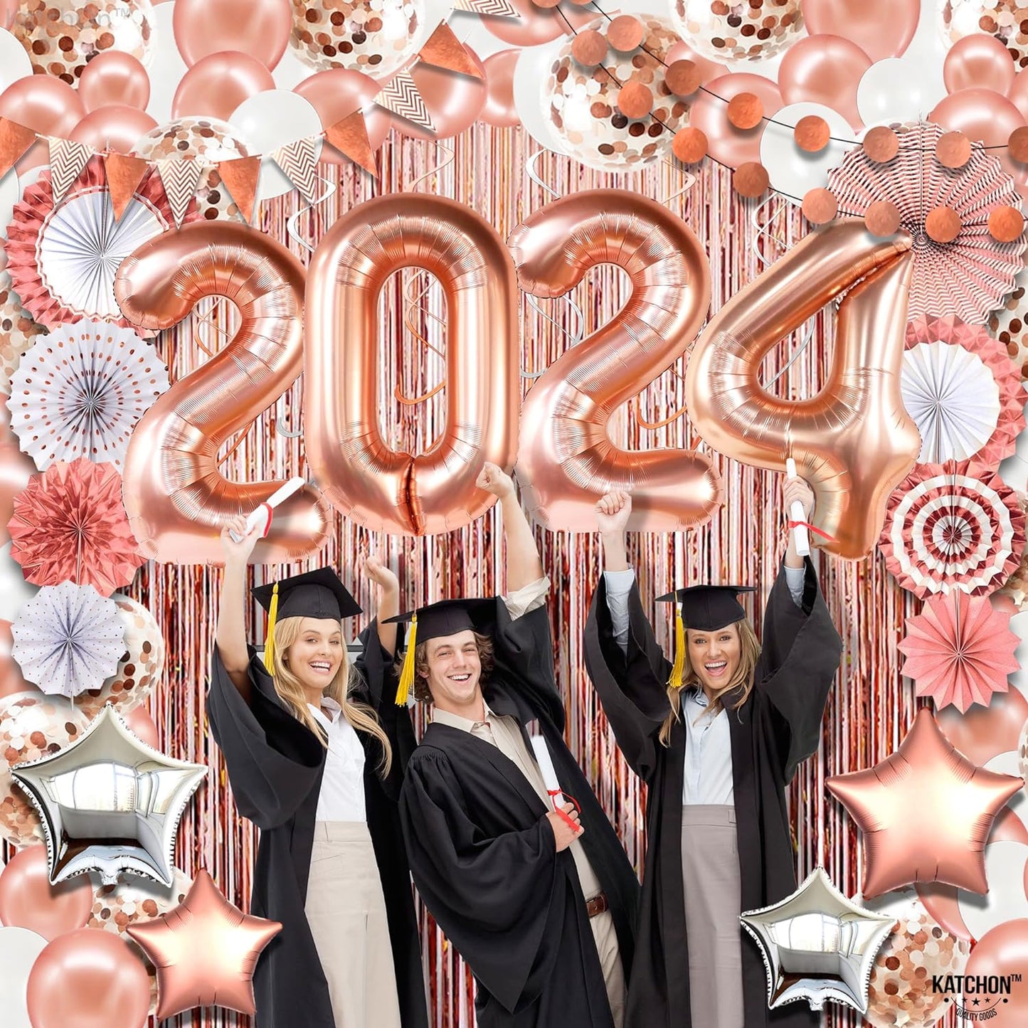 KatchOn, Graduation Decorations Class of 2024 - Pack of 150 | Rose Gold 2024 Balloons, Rose Gold Fringe Backdrop, Fans for Graduation Party Decorations 2024 | Rose Gold Graduation Decorations 2024