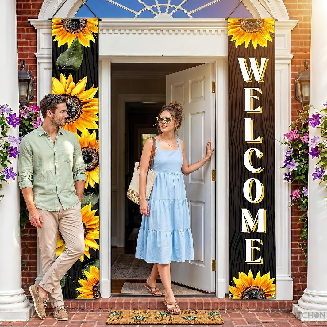 KatchOn, 120x20 Inch Sunflower Welcome Hanging Banners, Summer Party Decor | Hanging Welcome Sign for Front Door, Sunflower Outdoor Decor | Black Outdoor Sign for Sunshine Birthday Decorations Summer