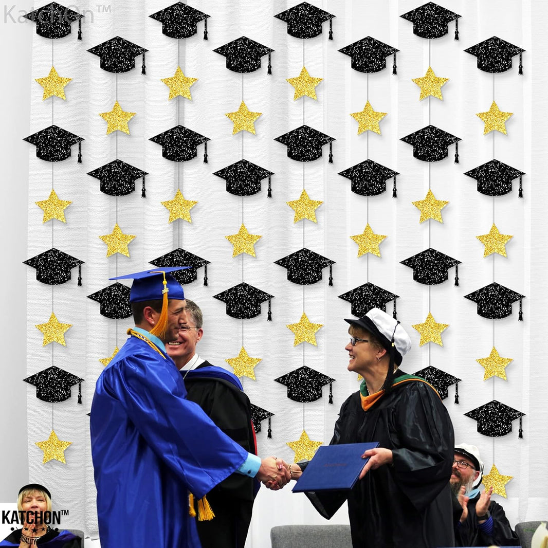 KatchOn, Glitter Graduation Cap Garland, 10 Feet - 8 String, No DIY | Black and Gold Graduation Decorations 2026 | Graduation Garland, Graduation Cap Decorations for 2026 Graduation Decorations