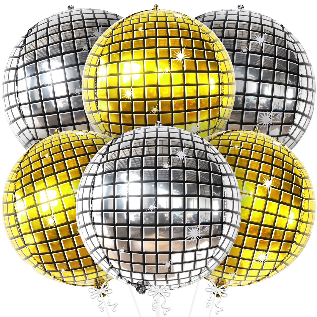 KatchOn, Large Gold and Silver Disco Ball Balloons - 22 Inch, Pack of 6 | 4D Sphere Disco Balloons for Disco Party Decorations, Bachelorette Party Decorations | 70s Party Decoration