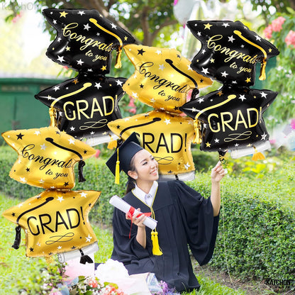 Graduation Decorations 2026 | Black and Gold Graduation Cap Balloon - Big, 32 Inch, Pack of 4 | Congrats Grad Balloons | Graduation Balloons Class of 2026, Graduation Hat Balloons, KatchOn