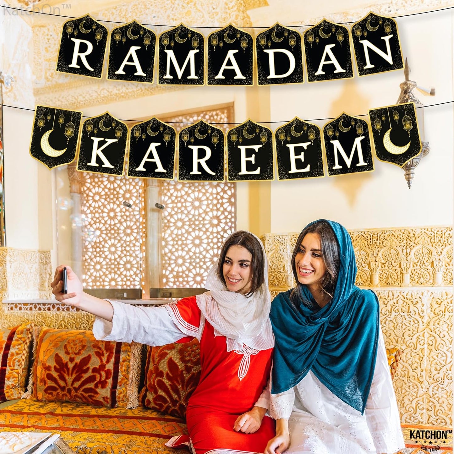 KatchOn, Ramadan Kareem Banner for Ramadan Decorations - 10 Feet, No DIY | Ramadan Mubarak Banner for Ramadan Decorations for Home | Ramadan Banner for Eid Decorations | Black and Gold Ramadan Decor