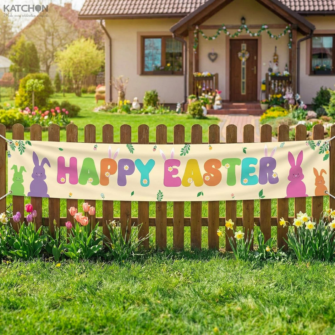 katchon happy easter banner for outside xtralarge 120x20 inch outdoor easter decorations for home easter outdoor decorations happy easter yard banner for easter decor spring decorations 1