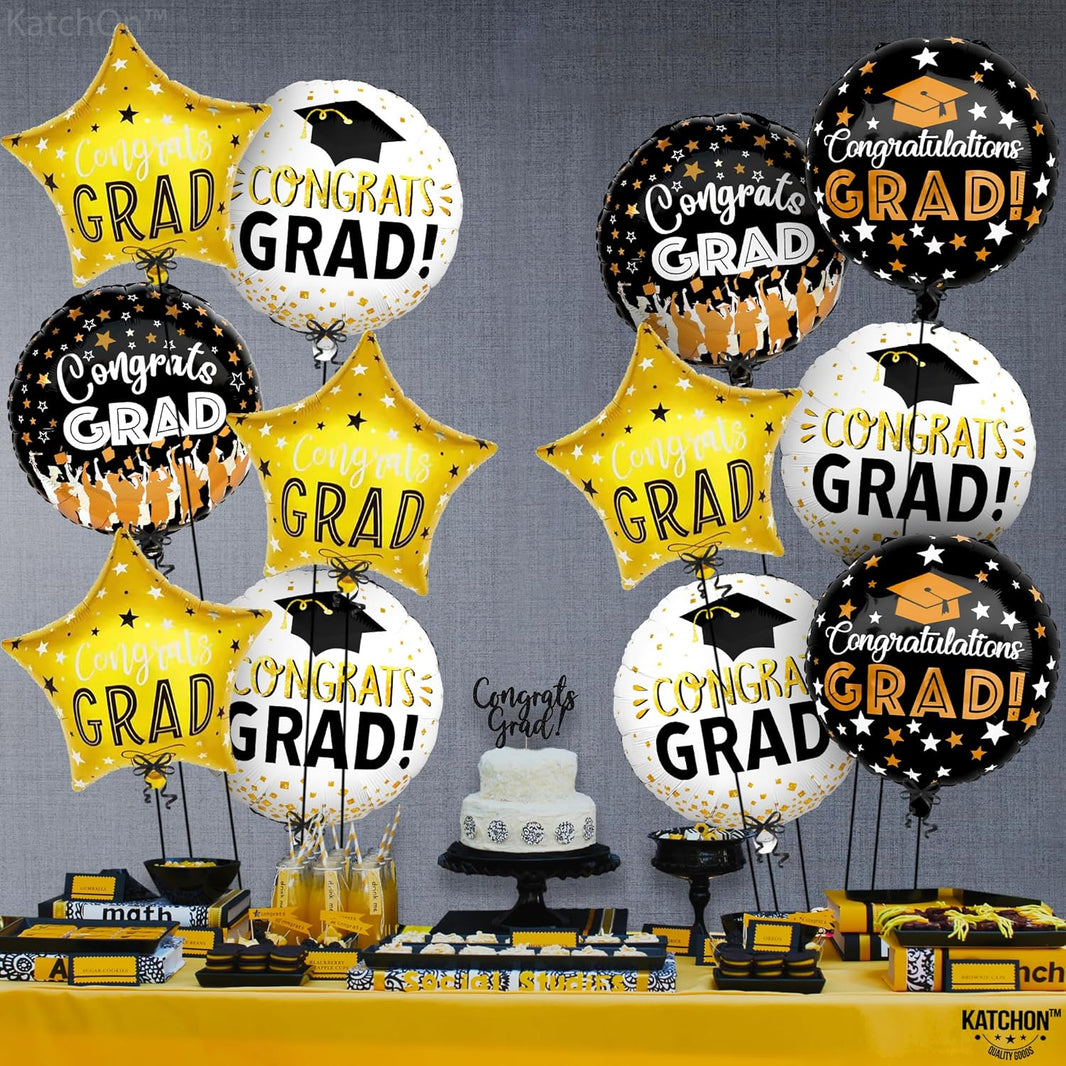 KatchOn, Congrats Grad Balloon Set - 18 Inch, Pack of 12 | Congrats Grad Balloons for Graduation Decorations 2026, Black and Gold Graduation Balloons, Congrats Grad Decorations, Grad Party Décor