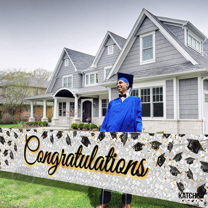KatchOn, Xtralarge White and Gold Congratulations Banner - 120x20 Inch | White and Gold Graduation Yard Banner for Outdoor Graduation Decorations 2026 | Class of 2026 Decor, Grad Party Decorations