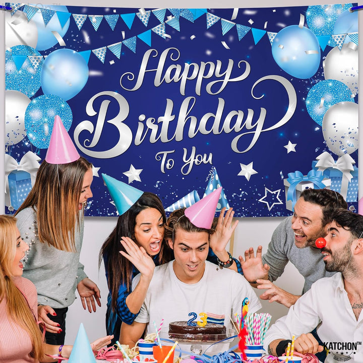 KatchOn, Silver and Blue Happy Birthday Backdrop - XtraLarge, 72x44 Inch | Happy Birthday Banner for Men | Blue Birthday Banner, Happy Birthday Decorations for Men | Blue Birthday Backdrop for Girls
