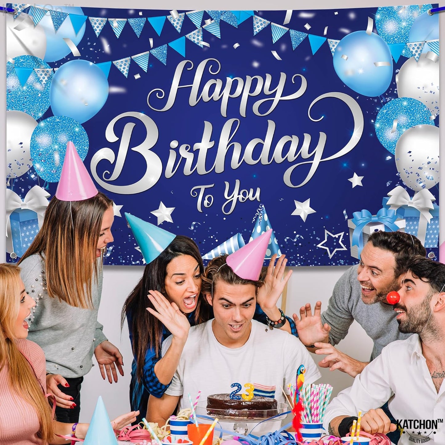 KatchOn, Silver and Blue Happy Birthday Backdrop - XtraLarge, 72x44 Inch | Happy Birthday Banner for Men | Blue Birthday Banner, Happy Birthday Decorations for Men | Blue Birthday Backdrop for Girls