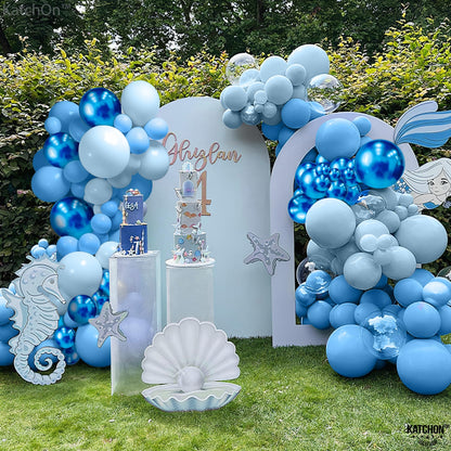 KatchOn, Huge Blue Balloon Arch Kit - Pack of 180, Different Sizes 18, 10, 5 Inches | Pastel Blue and Metallic Blue Latex Balloons for Light Blue Birthday Decorations | Ocean Themed Party Decorations