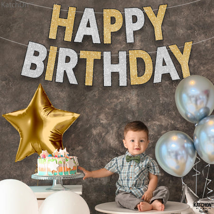 KatchOn, Gold and Silver Happy Birthday Banner - 10 Feet, Pre-Assembled | Birthday Decorations for Women and Girls | Hbd Backdrop Banner for Gold and Silver Party Decorations