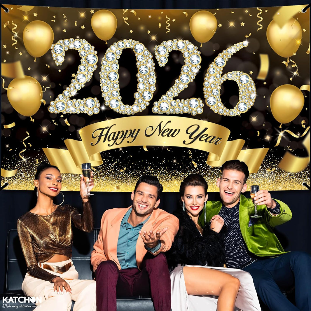 KatchOn, XtraLarge Happy New Year Banner 2026 - 72x44 Inch | New Year Backdrop for Happy New Years Decorations 2026 | Eve Banner 2026 | NYE Decorations 2026 | Indoor Outdoor Celebration Photography Background