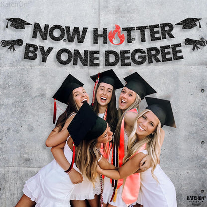 Katchon, Now Hotter By One Degree Banner - 10 Feet | Congrats Grad Banner | One Degree Hotter Decorations | Graduation Backdrop, 2026 Graduation Decorations | Glitter Black Graduation Banner