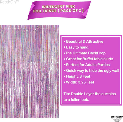 KatchOn, Iridescent Pink Backdrop Curtain - XtraLarge 8x3.2 Feet, Pack of 2 | Pink Streamers for Pink Party Decorations | Pink Fringe Backdrop for Pink Birthday Decorations | Pink Iridescent Backdrop