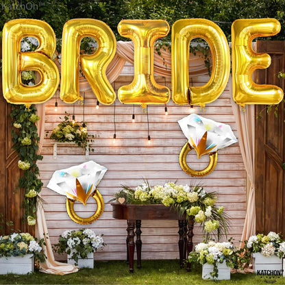 KatchOn, Giant Bride Balloons Gold Set - 40 inch, Gold Bridal Shower Balloons | Ring Balloons for Wedding Day | Gold Bachelorette Party Decorations, Bride Decorations | Bridal Shower Decorations