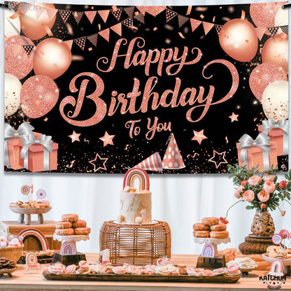 KatchOn, XtraLarge Rose Gold Happy Birthday Banner - 72x44 Inch | Black and Rose Gold Happy Birthday Decorations for Women | Rose Gold Party Decorations, Bday Backdrop for Girls