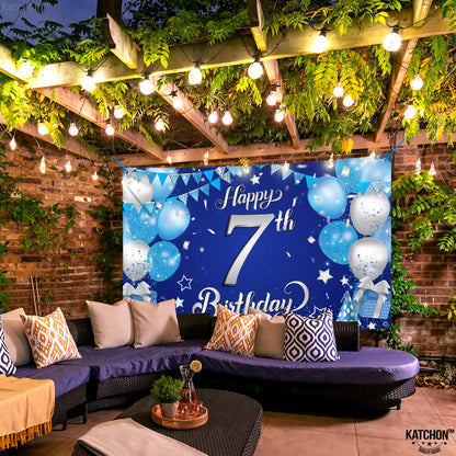 KatchOn, XtraLarge Happy 7th Birthday Banner - 72x44 Inch | Birthday Decorations for Boys and Girls | Hbd Banner Backdrop For Blue Party Decorations | Ocean Themed Party Decorations