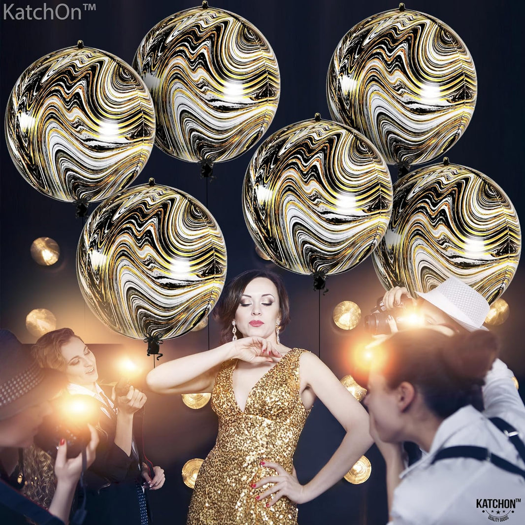 KatchOn, Black and Gold Marble Balloons - 22 Inch, Pack of 6 | Marble Black and Gold Balloons, Black Agate Balloons | Gold and Black Balloons | Marble Foil Balloons for Black and Gold Birthday Decor